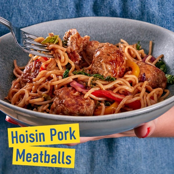 Hoisin Pork Meatballs in a bowl with fork